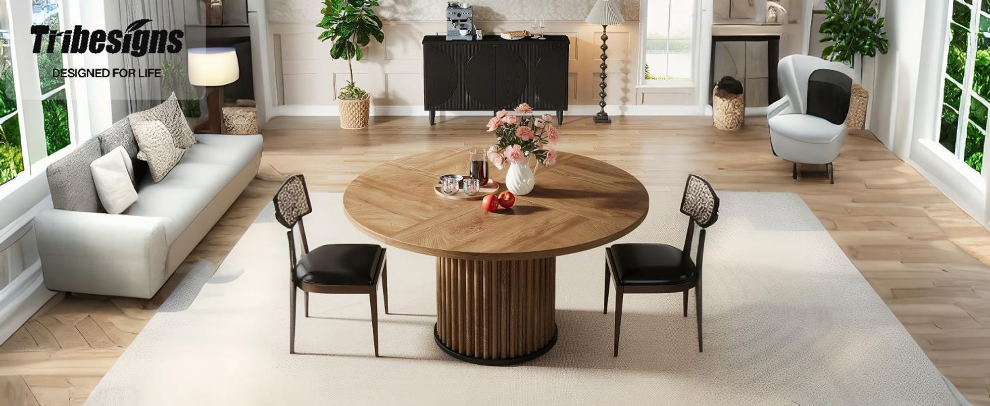 Tribesigns runder Esstisch für 4-6, 120 cm moderner runder Küchentisch mit geriffeltem runden Fuß, Landhaus-Esstisch Holz für Esszimmer, Küche, Braun