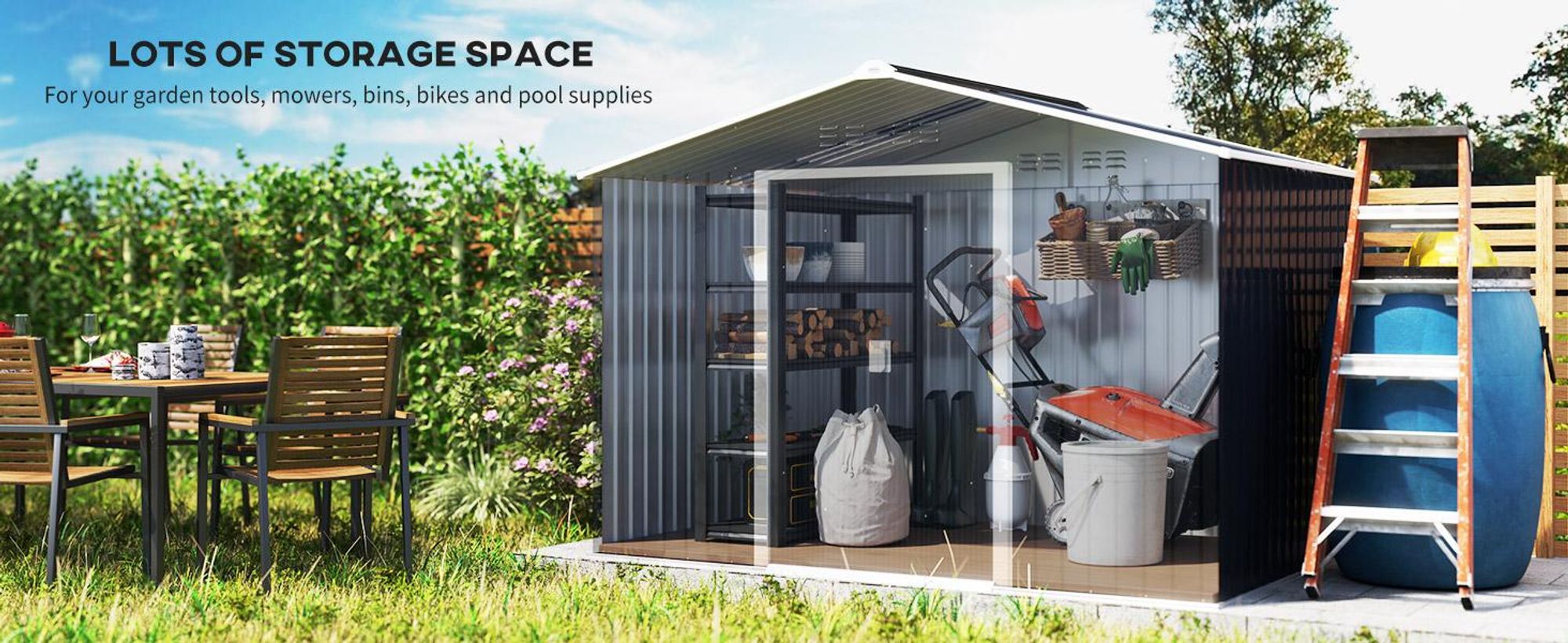 Domek ogrodowy Outsunny z metalu, 4,9 m², z dachem dwuspadowym, drzwiami przesuwnymi, fundamentem, 277 x 195 x 192 cm, ocynkowany, stalowy domek narzędziowy, odporny na warunki atmosferyczne, do ogrodu, ciemnoszary