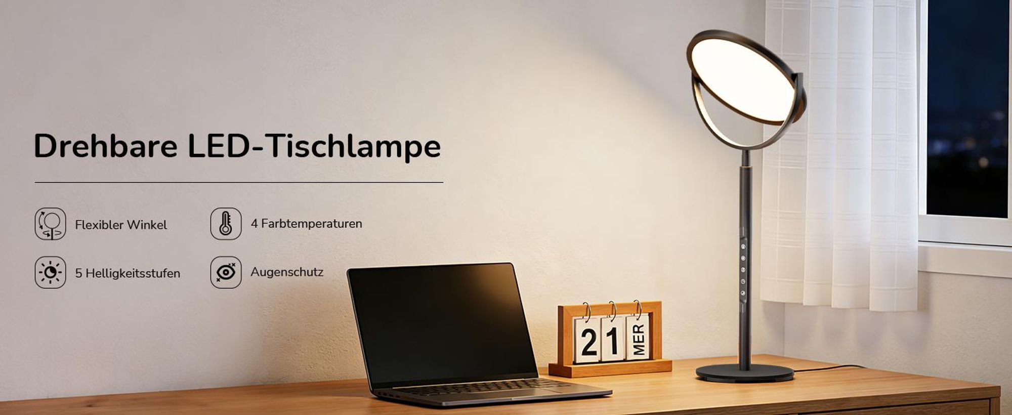 EDISHINE LED Nachttischlampe Touch dimmbar, 300° drehbares LED-Panel,Tischlampe mit Timer