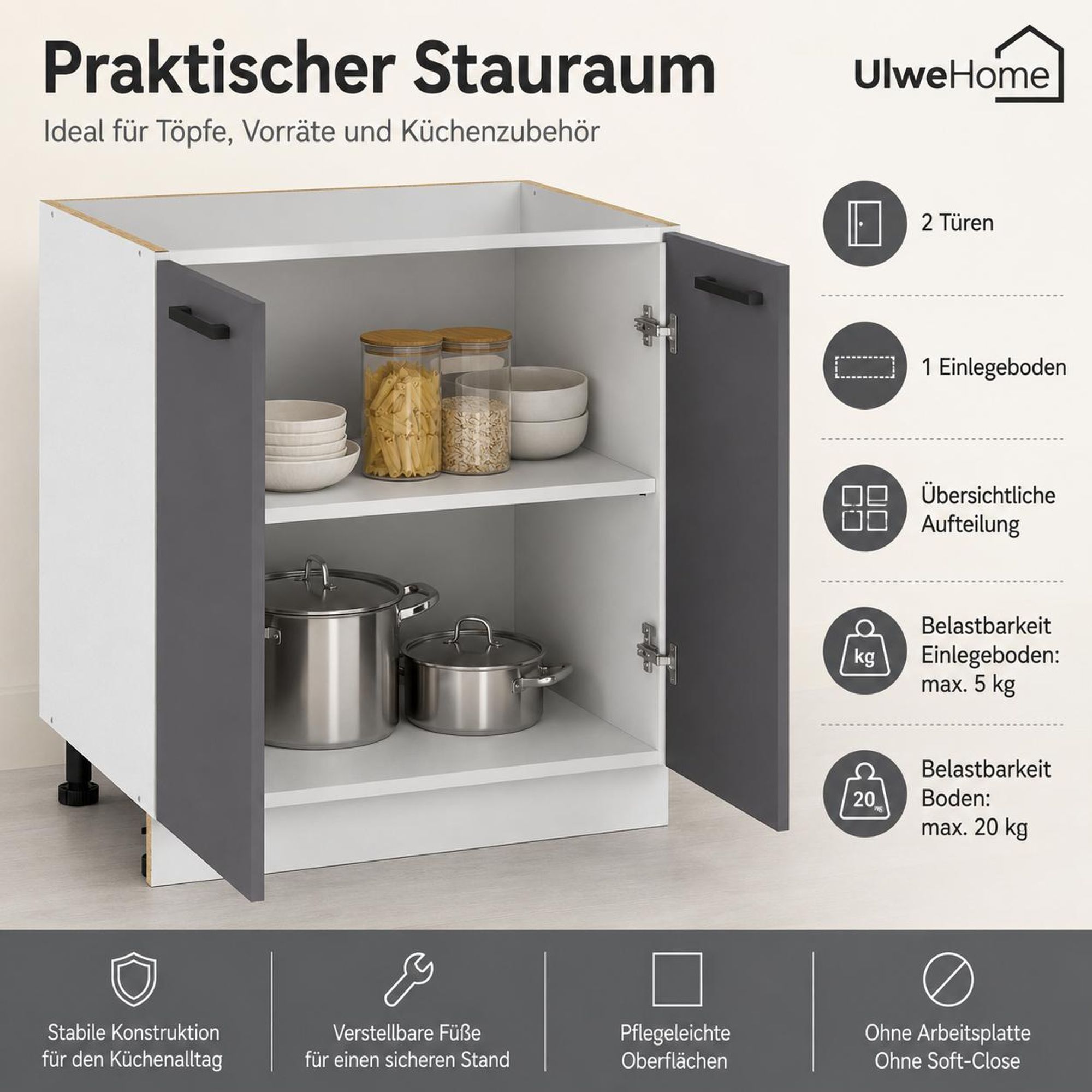Küchenunterschrank 80 cm Anthrazit: Stauraum mit 1 Einlegeboden für Töpfe & Geschirr.