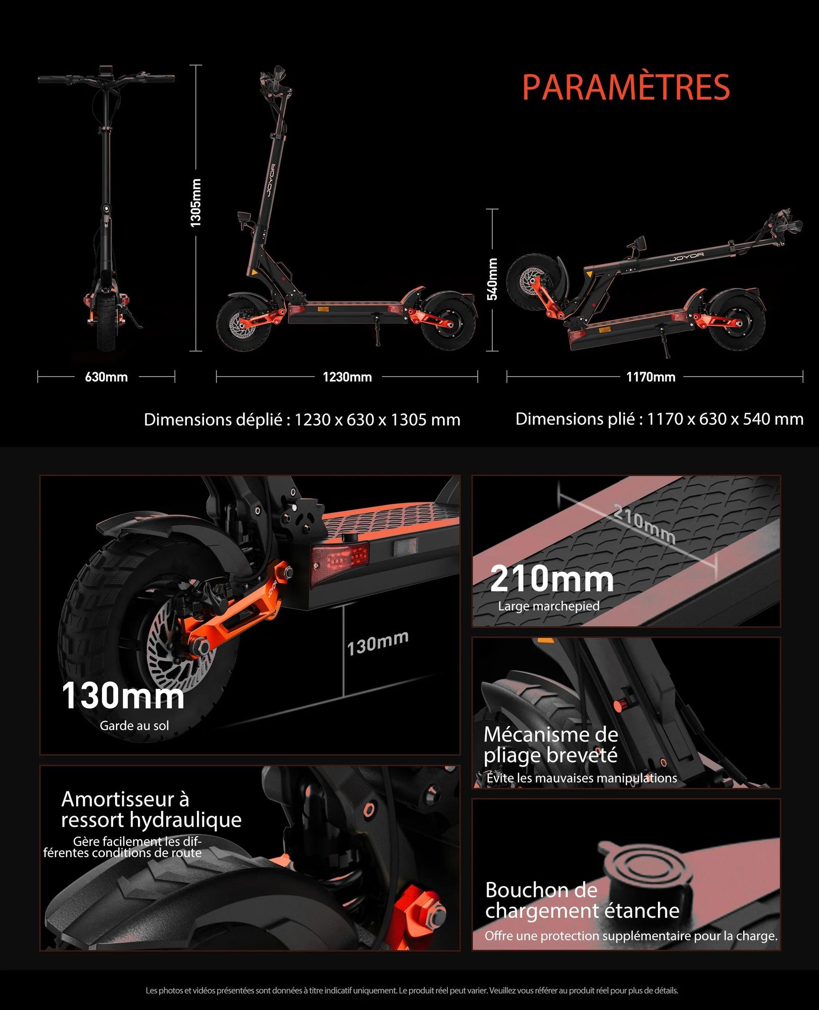 JOYOR T10 Pliable Trottinette électrique - Moteur 1000W x2 Batterie 60V18AH Pneus de 10 Pouces - Noir