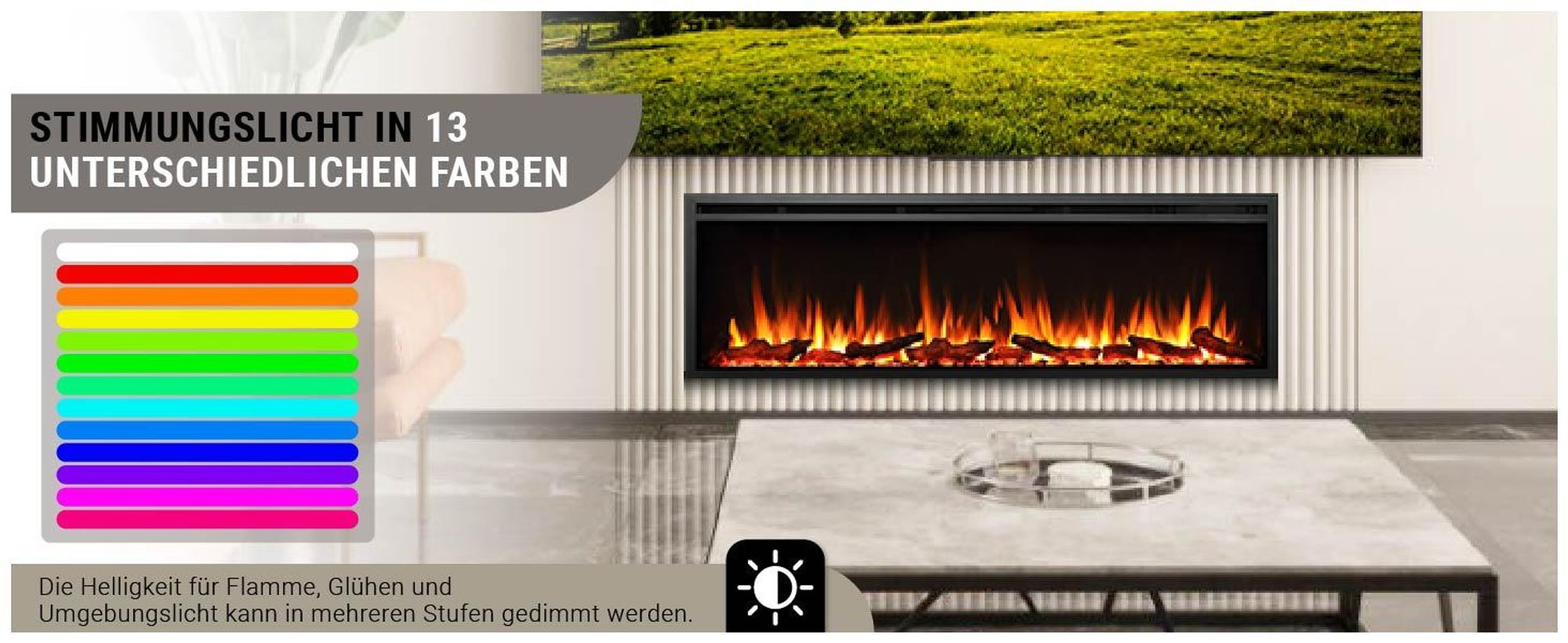 BALDERIA Elektrokamin Atalanta 60" | Einbaukamin, 3D-Flammeneffekt,Ambientebeleuchtung, Heizung 1500W, App, Knistereffekt, Timer, Thermostat | Schwarz