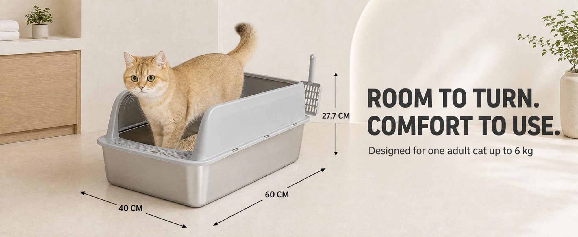 WISFOR Katzentoilette Edelstahl, Rostfrei, Katzenklo ohne Deckel, Katzentoilette offen mit Schaufel, Schalentoilette Katze, 60 x 40 x 28 cm