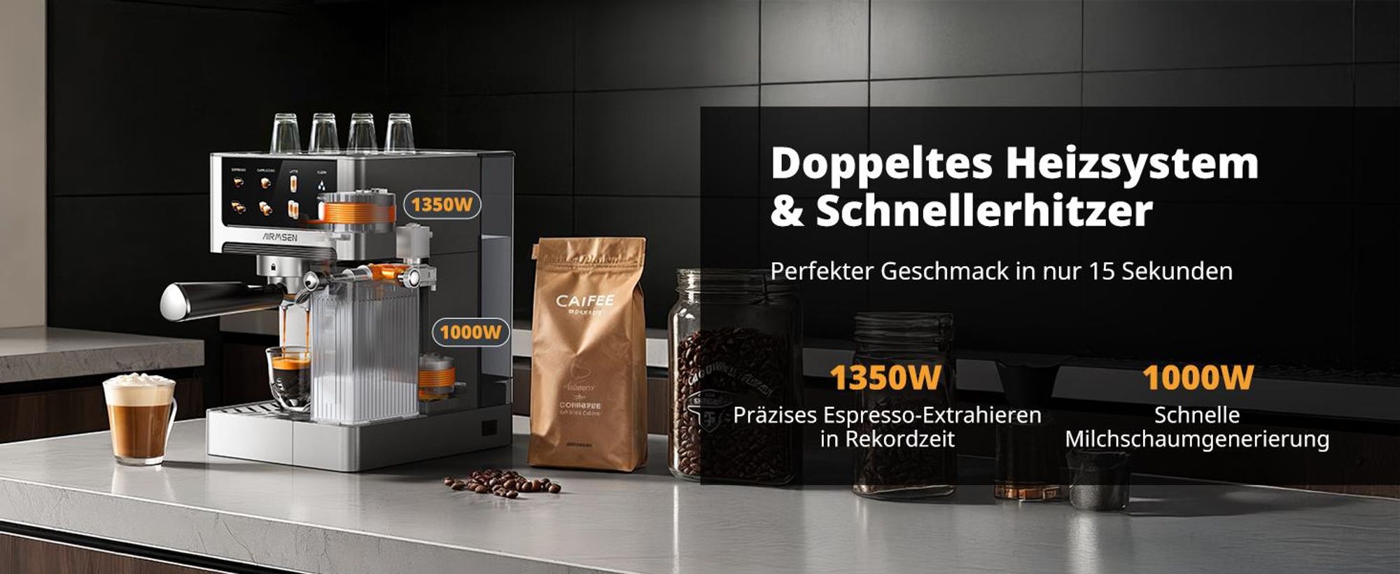 AIRMSEN Espressomaschine,20Bar,mit Milchsystem,Kaffeemaschine mit Touchscreen,Heiß-und Kalt-Extraktion,Bedienung per Knopfdruck,automatische Reinigung