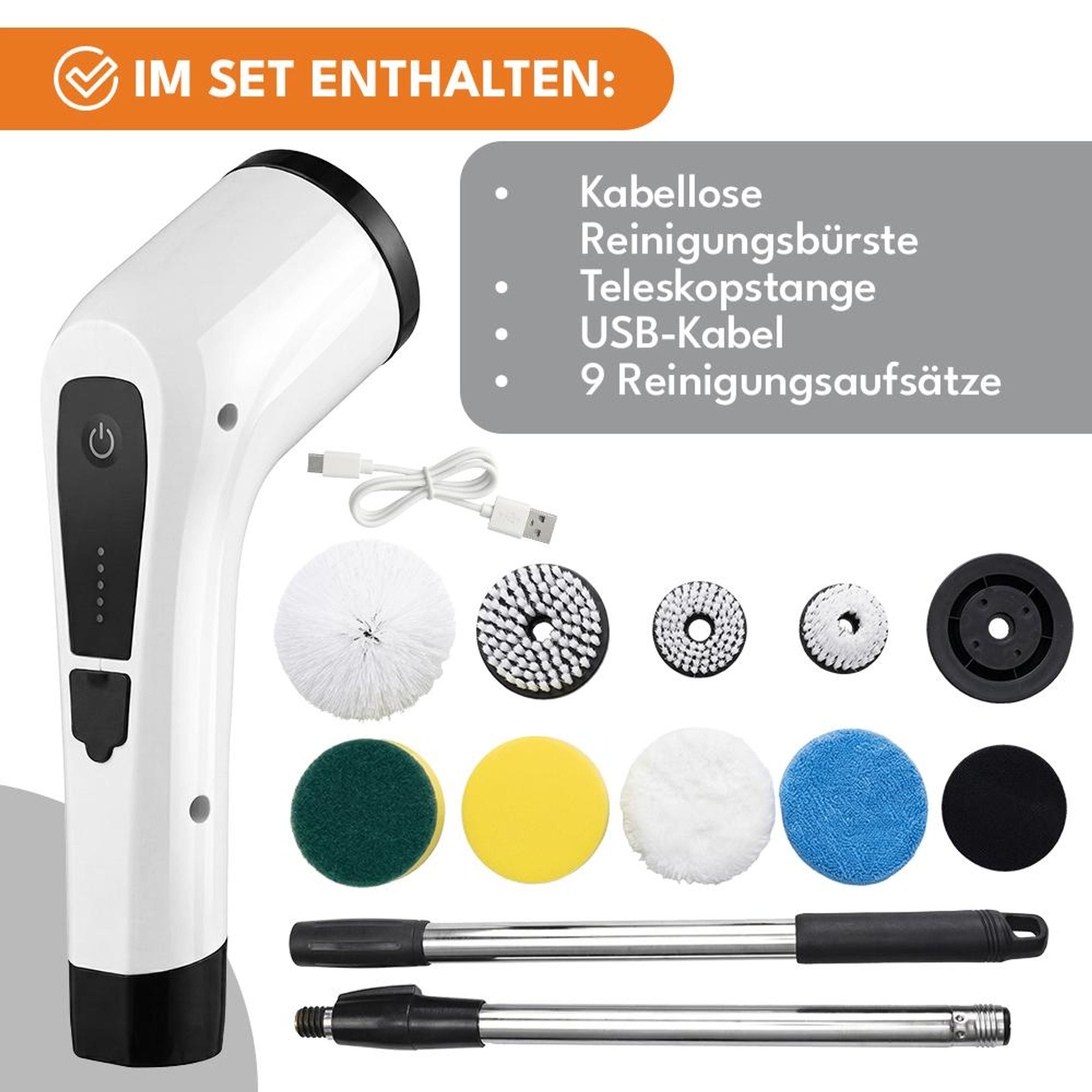 KRUMAD Kabellose Elektrische Reinigungsbürste 8in1, Akkubetrieben mit 3 Aufsätzen, LED-Display, USB-Ladung für Küche, Bad, und mehr