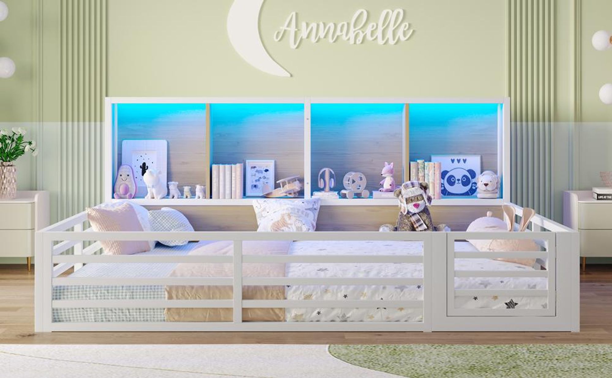 Merax Kinderbett 140x200 cm, mit Zäune, LED, Groß Ablagefächern, Bodenbett, Flachbett, Eisenbett, Jugendbett, Weiß