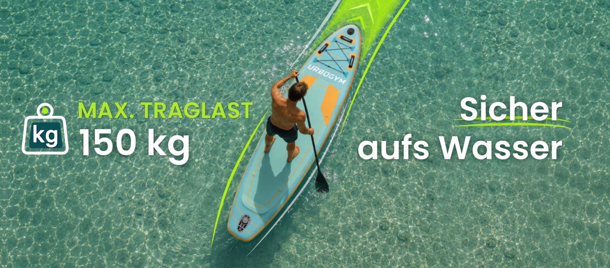 URBOGYM Gale SUP Board 320 cm Aqua-Türkis, aufblasbares Komplettset mit 3 Finnen