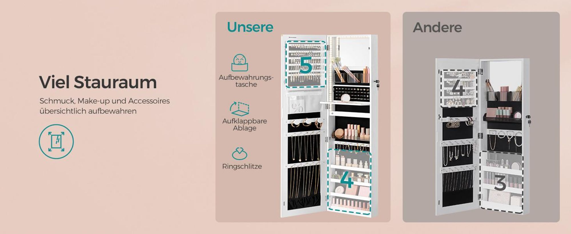 SONGMICS Schmuckschrank 140 cm hoch, Schmuckorganizer mit beleuchtetem Innenspiegel, Spiegelschrank wand- oder türmontiert, abschließbar