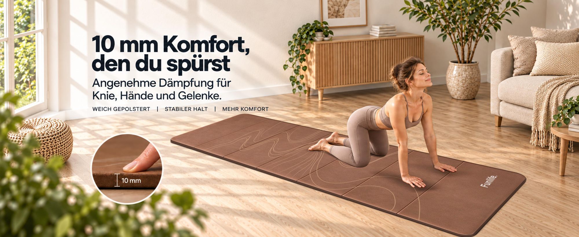 10 mm starke Funlife Falt-Yogamatte für gelenkschonenden Komfort und stabilen Halt