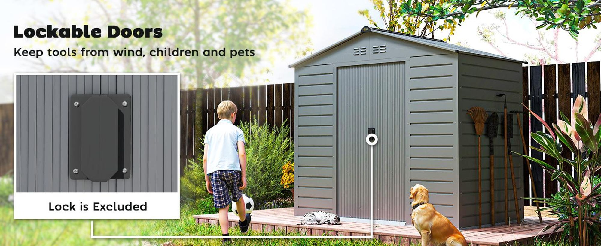 Domek ogrodowy Outsunny ze stali ocynkowanej, 2,43 m², 213 x 131 x 192 cm, łatwy w montażu, z dachem dwuspadowym, zamykanymi drzwiami przesuwnymi, odporny na warunki atmosferyczne, do użytku na zewnątrz, szary