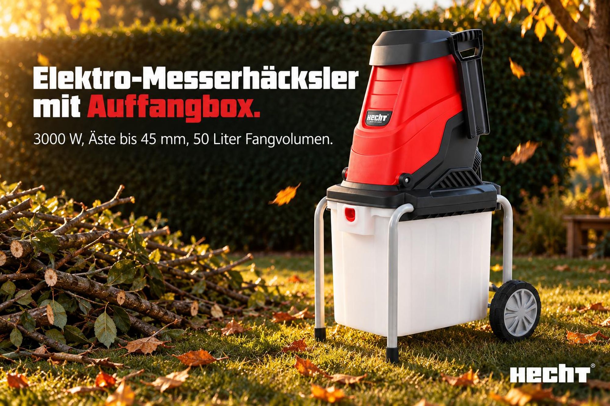 Gartenhäcksler Elektro HECHT 630 BOX | 3000 W | Für Äste bis Ø 45 mm | 50 Liter Auffangbox | Messerteller-Häcksler Holzhäcksler elektrisch