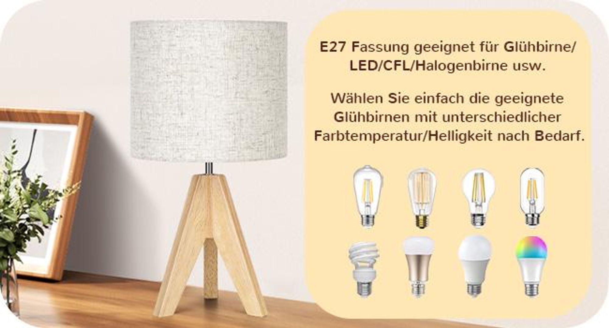 EDISHINE 2er Set Tischlampe Holz, LED Nachttischlampe inkl. Leuchtmittel, Vintage Tischleuchte für Schlafzimmer, Wohnzimmer, Geschenk