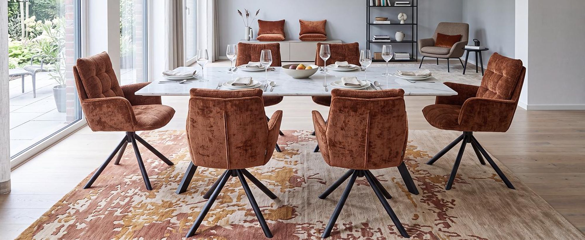 Duhome eetkamerstoel, 360° draaibaar, loungestoel, fluweel, ergonomische fauteuil met verstelbare functie, geschikt voor kantoor, keuken, woonkamer, slaapkamer, oranje