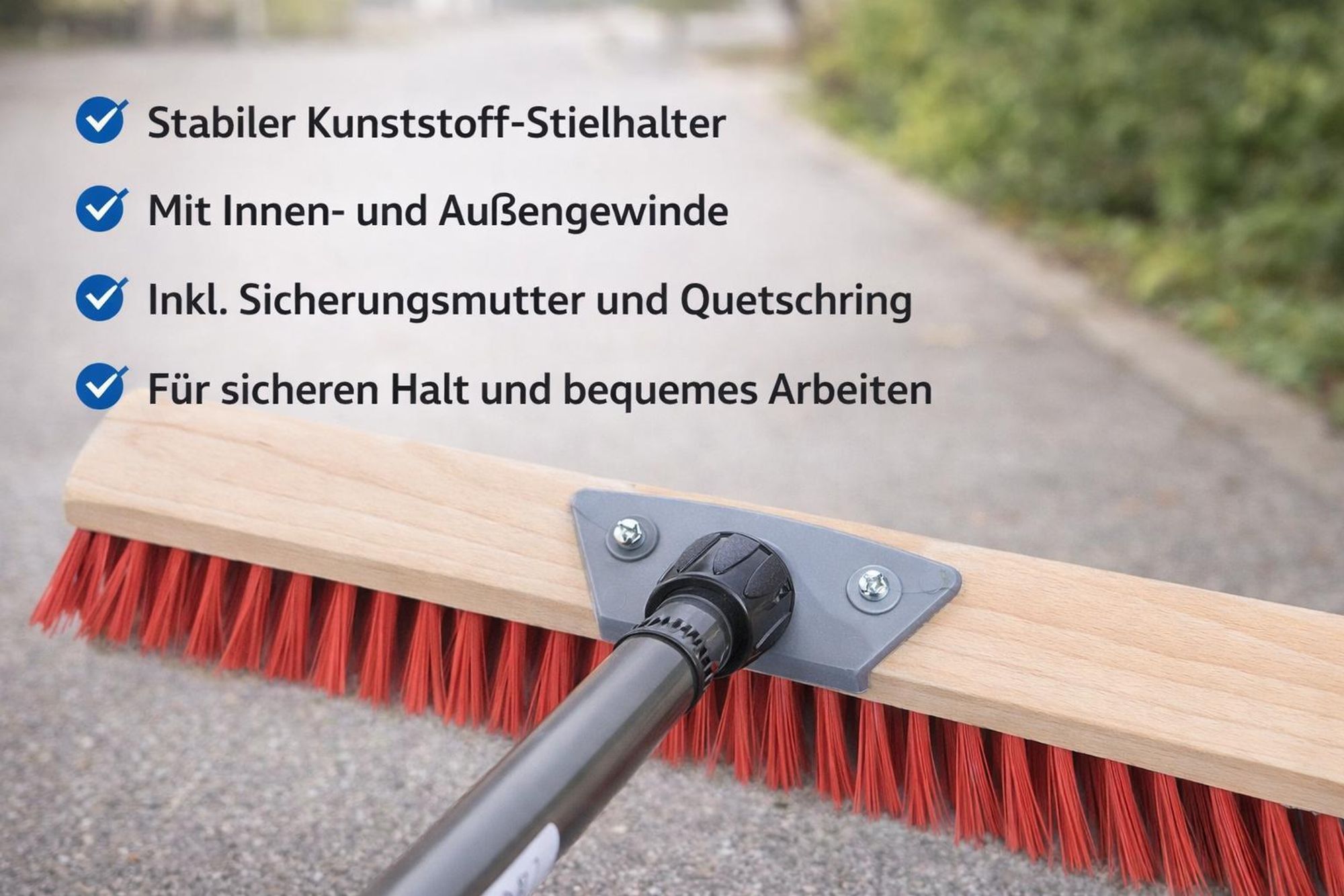 Qualitäts Straßenbesen 60cm Breit mit Teleskopstiel Stiel stufenlos ausziehbar Besen mit roten Kunststoffborsten Straßenschrubber Schrubberbesen