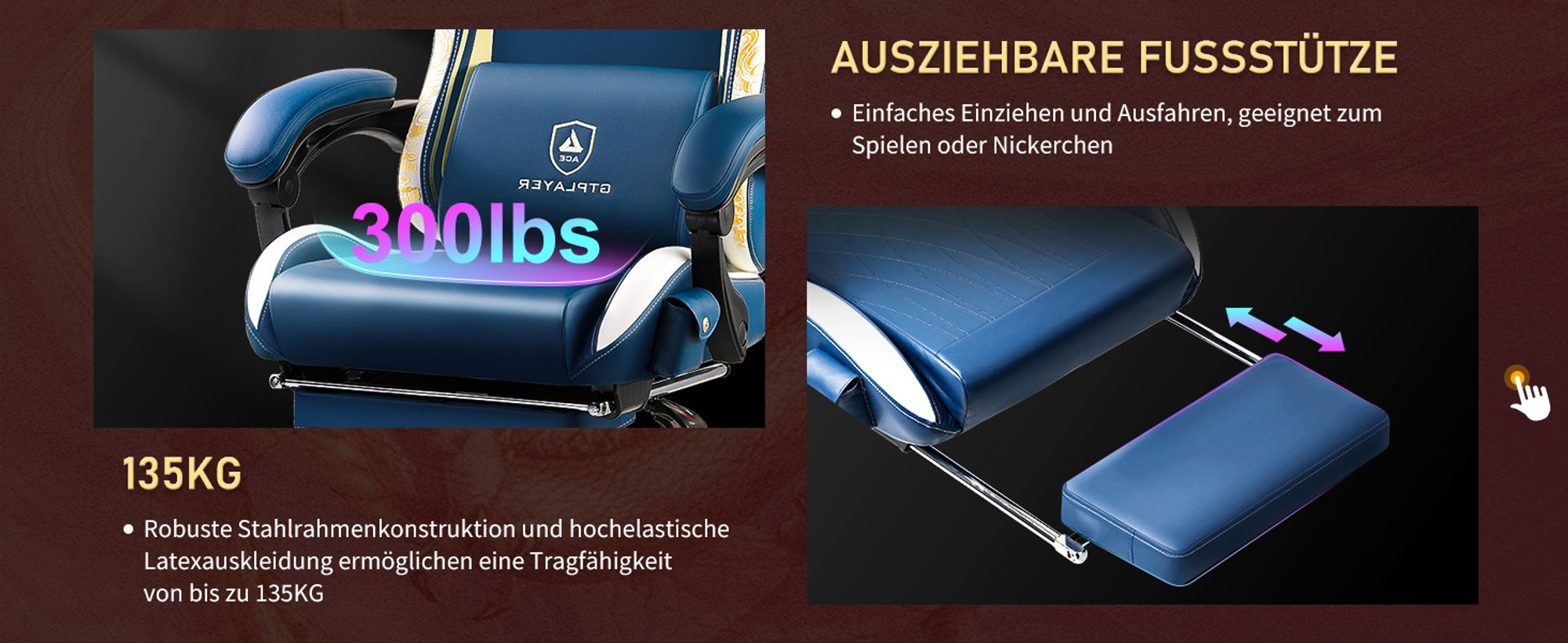 GTPLAYER Gaming Stuhl Gamer Stuhl mit Bluetooth-Lautsprechern und Fußstütze, Dragon Series Bürostuhl, Ergonomischer Drehsessel, Computerstuhl blau