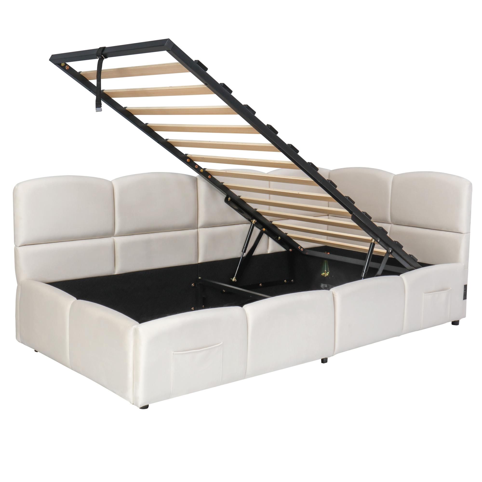 Flieks Hydraulisches Polsterbett 90x200cm mit Stauraum, Schlafsofa Tagesbett mit USB & Type-c, Stauraumbett Einzelbett, Samt, Beige