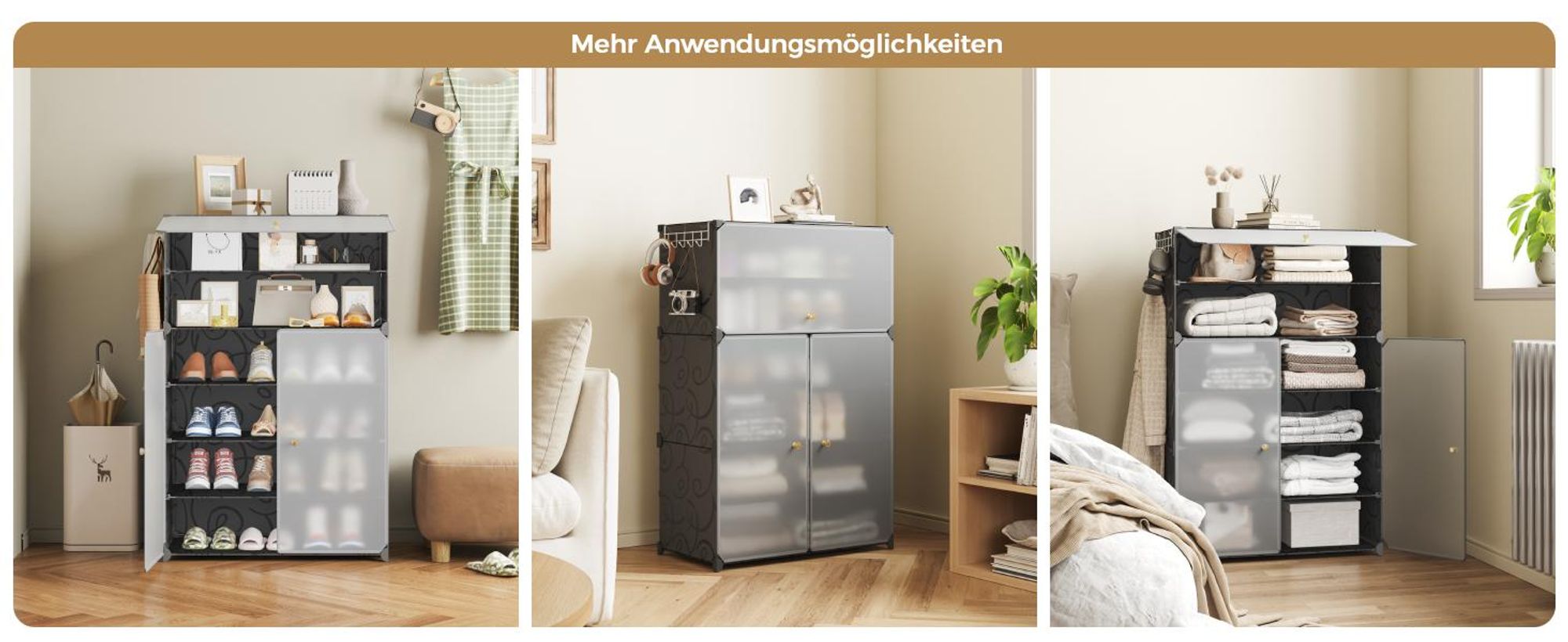 Mondeer Aufbewahrungsschrank aus PP, 6 Fächer Schuhschrank mit Haken für 18 Paar Schuhe, höhenverstellbar, für Flur & Wohnzimmer Schwarz
