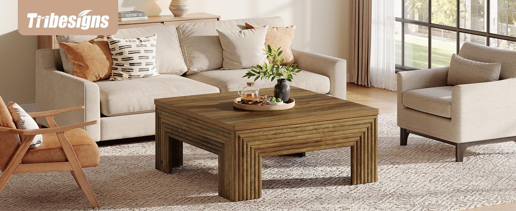 Couchtisch, 100cm quadratischer Wohnzimmertisch, Sofatisch,Landhaus-beistelltisch