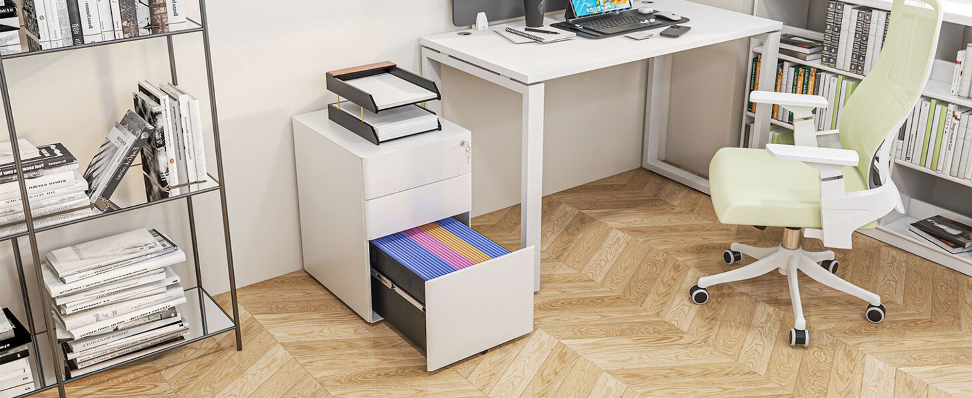 Vinsetto Rollcontainer, mobiler Aktenschrank mit 3 Schubladen, Büroschrank, Aufbewahrung, Stahl, Weiß, 39 x 48 x 59 cm