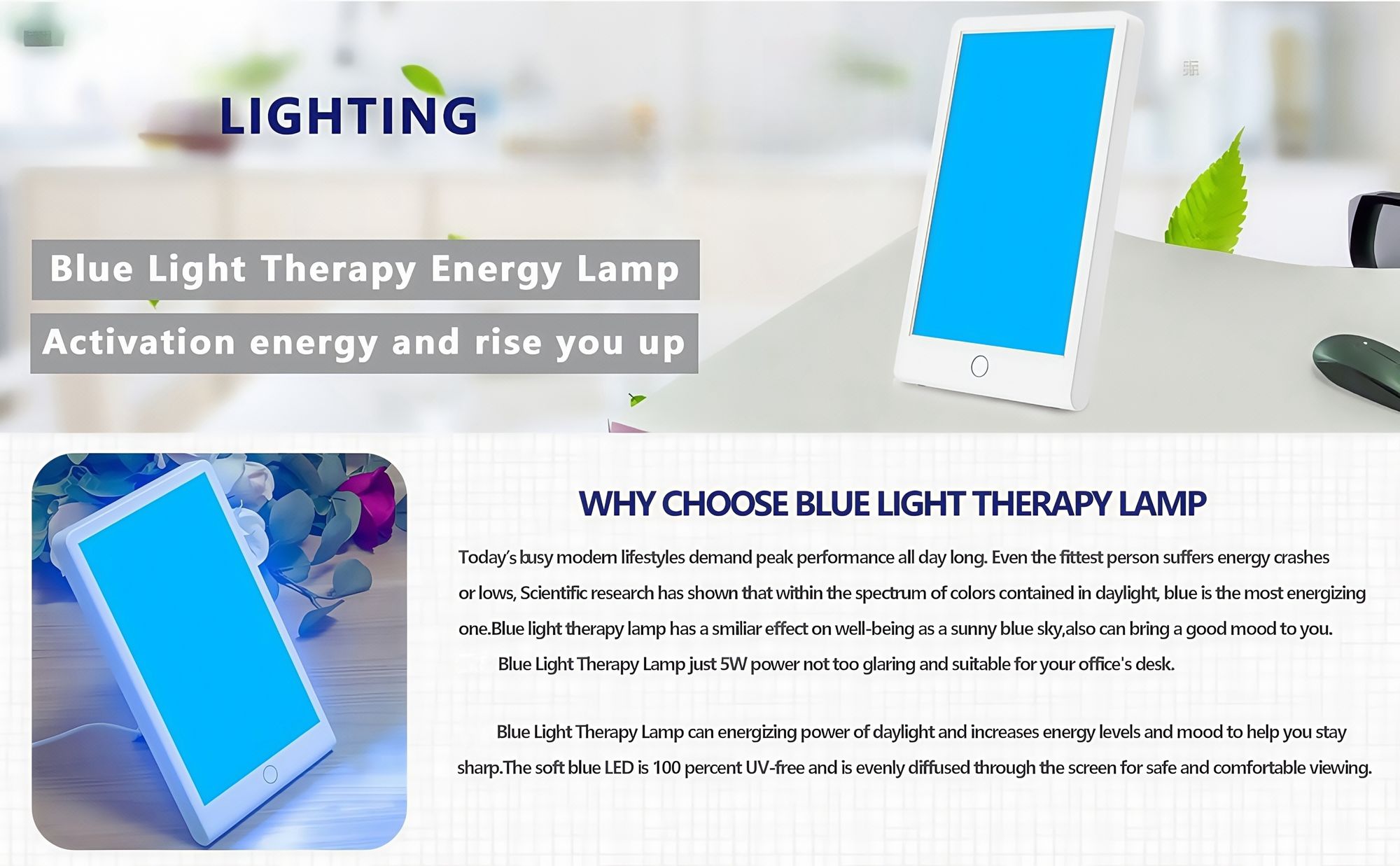 Phototherapielampe, Blaulicht-Energielampe, einstellbares LED-Blaulicht, timerbar, 2 einstellbare Farben, 100 % UV-frei, geeignet für Zuhause, Winter