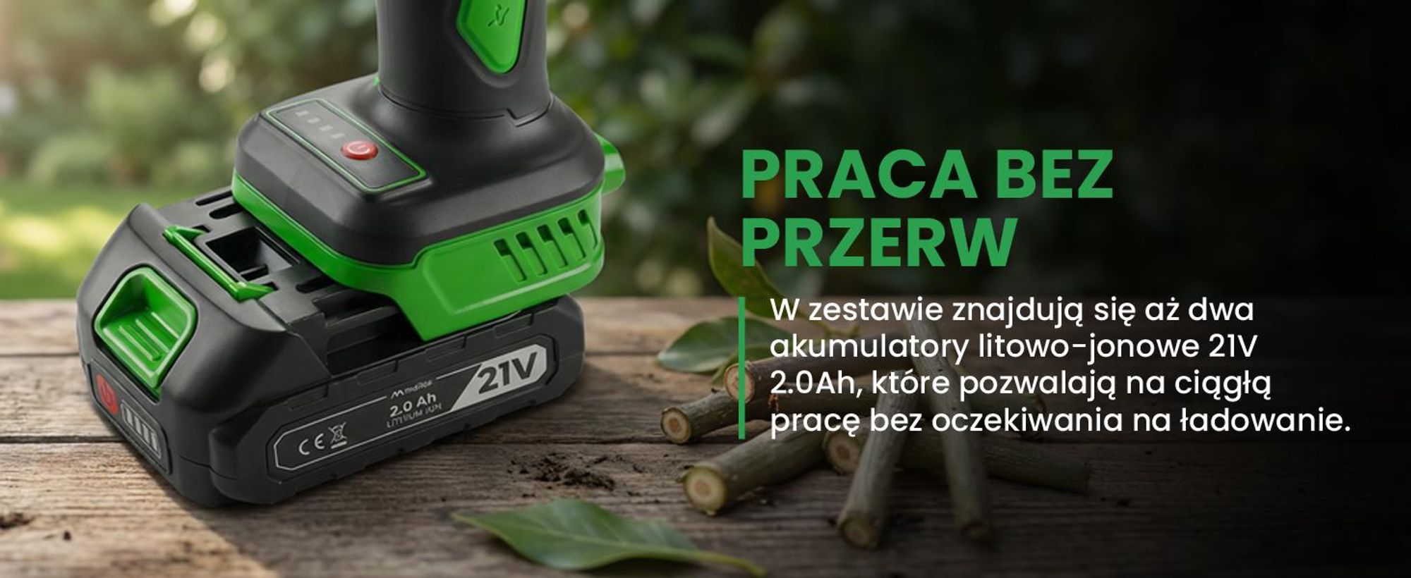 Elektryczny sekator ogrodowy z dwoma akumulatorami 2mAh i napięciu 21V