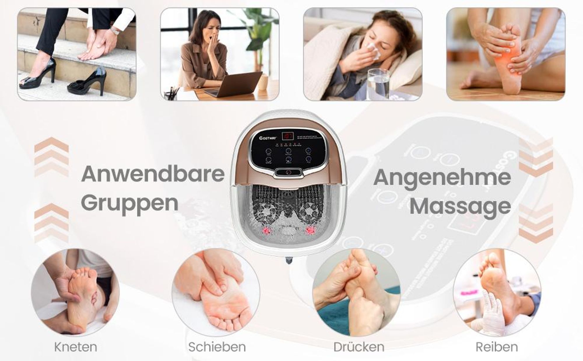 COSTWAY Fußsprudelbad 500W, Fußbad Shiatsu-Massagegerät mit 35-48℃ Heizung & Massagerollen, elektrische Fußbadewanne Fußmassage 10-60min Timer Grau