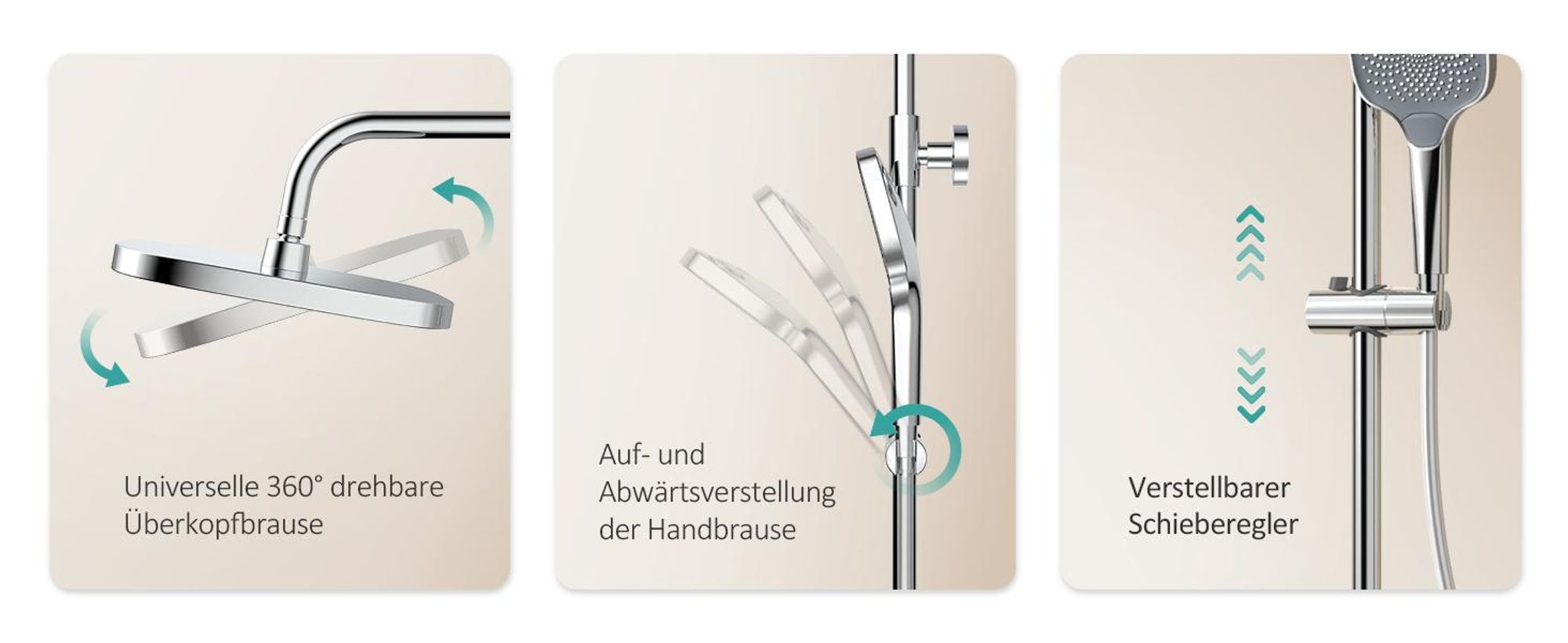 EMKE Duschsystem mit Thermostat, 36x24mm Regenduschkopf, Handbrause mit 3 Strahlstärken Regendusche, Bad- & Duscharmaturen, KTW, Chrom