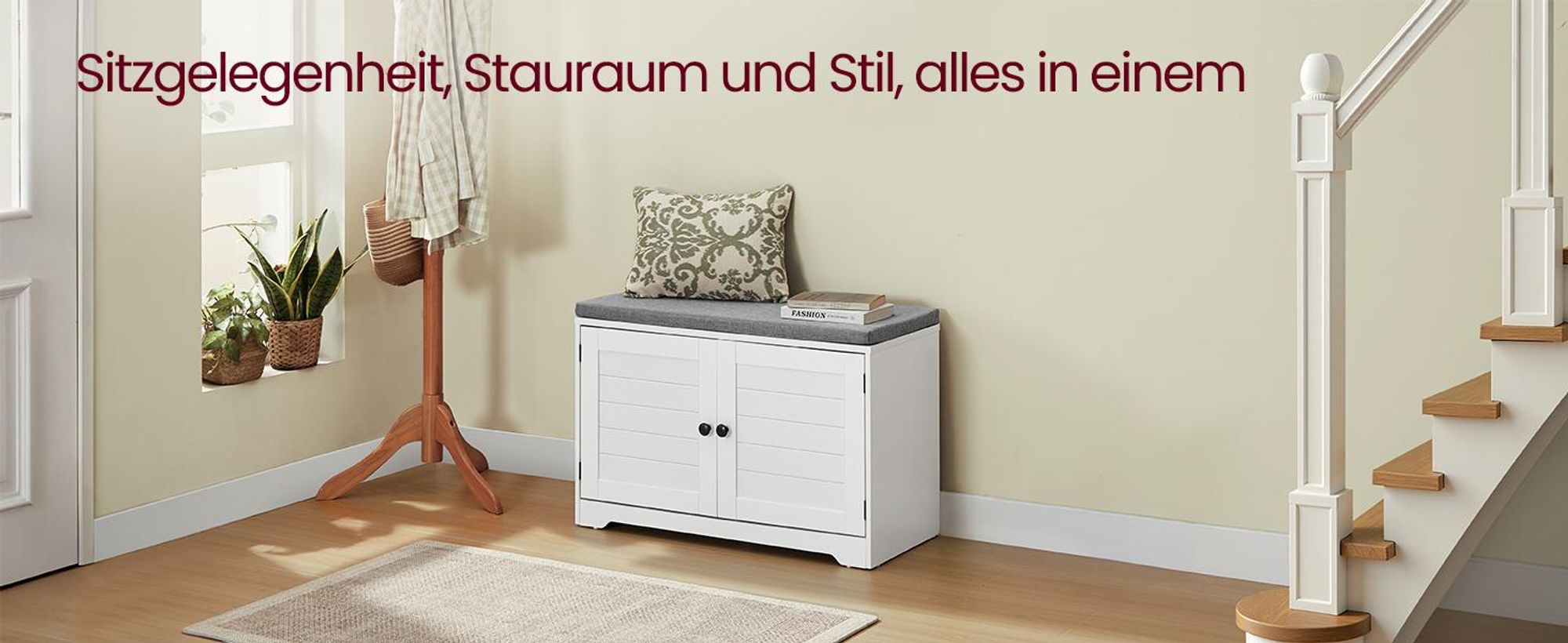 VASAGLE Schuhbank, 3 Ebenen, Sitzbank mit Stauraum, Türen und Sitzkissen, Schuhregal mit höhenverstellbaren Ablagen, 35,5 x 81 x 52,5 cm