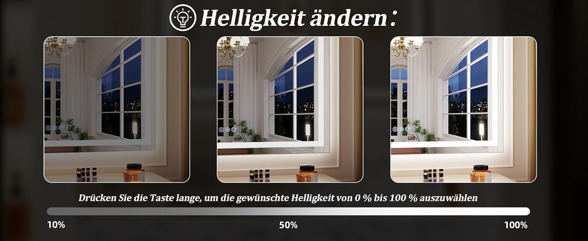 Koonmi 80x60cm LED Badezimmerspiegel - 3 Einstellbare Beleuchtungsmodi, Beleuchteter intelligenter Badezimmer Spiegel , wandmontiert horizontal