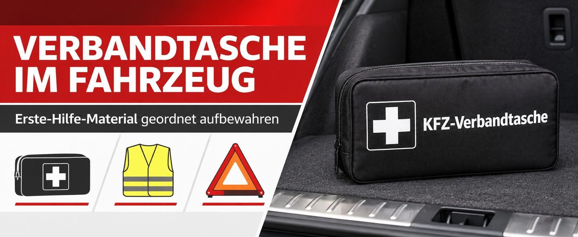 Schwarze Verbandstasche im Fahrzeug mit Symbolen für Verbandstasche, Warnweste und Warndreieck