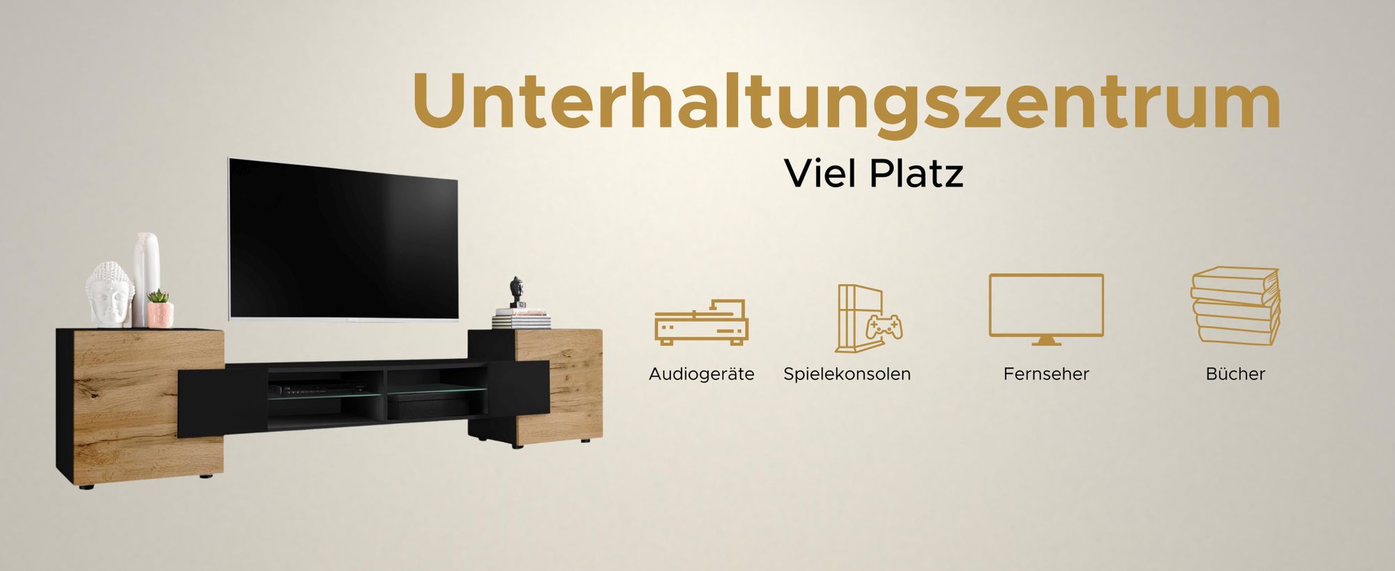 Komodee | TV-Schrank mit 2 Türen Merano | Korpus Schwarz Matt Frontfarbe Wotan und Schwarz , LED RGB