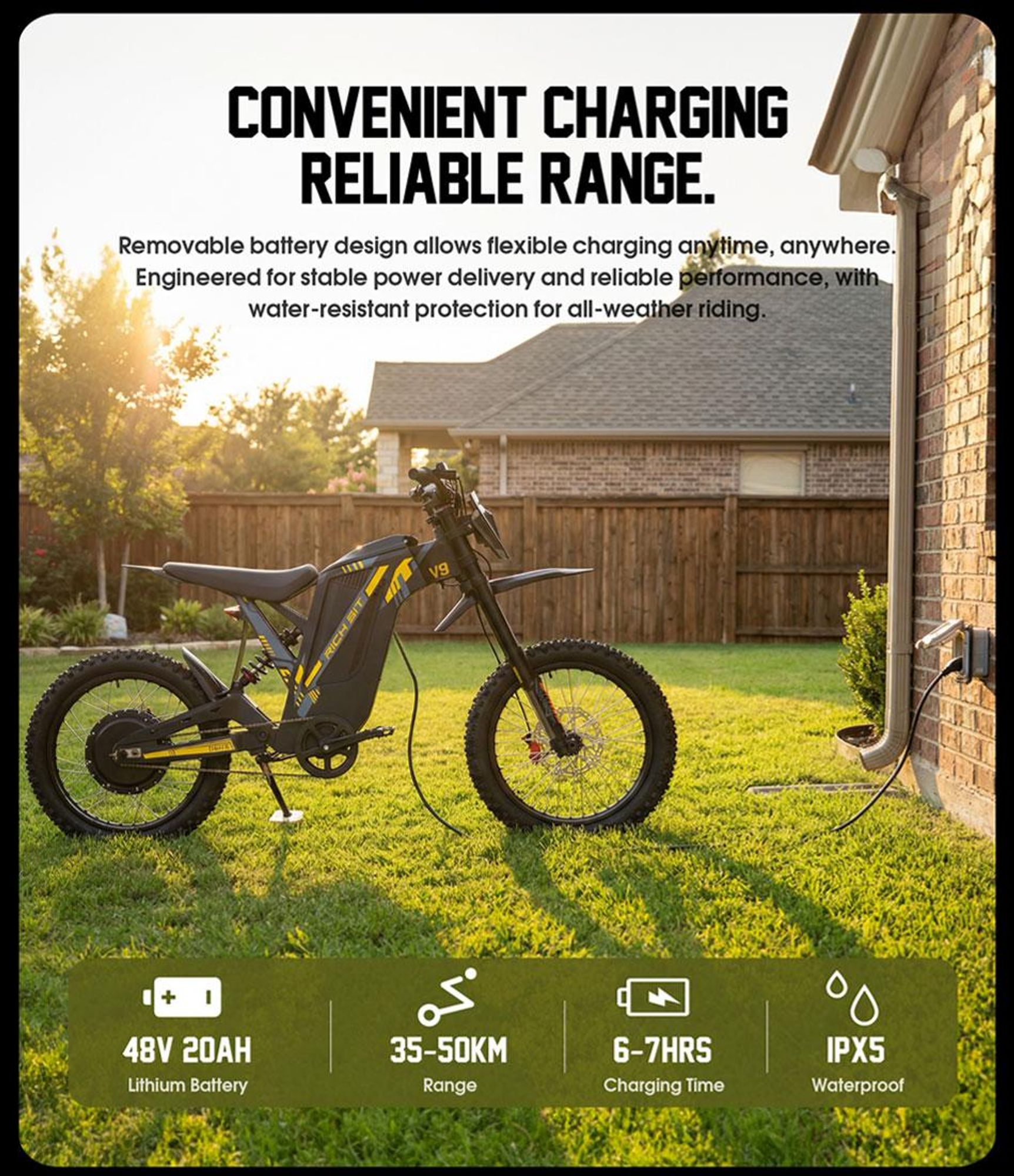 V9 Elektryczny motocykl enduro, 48V 20Ah, 17 cali, pełna amortyzacja, hydrauliczne hamulce tarczowe