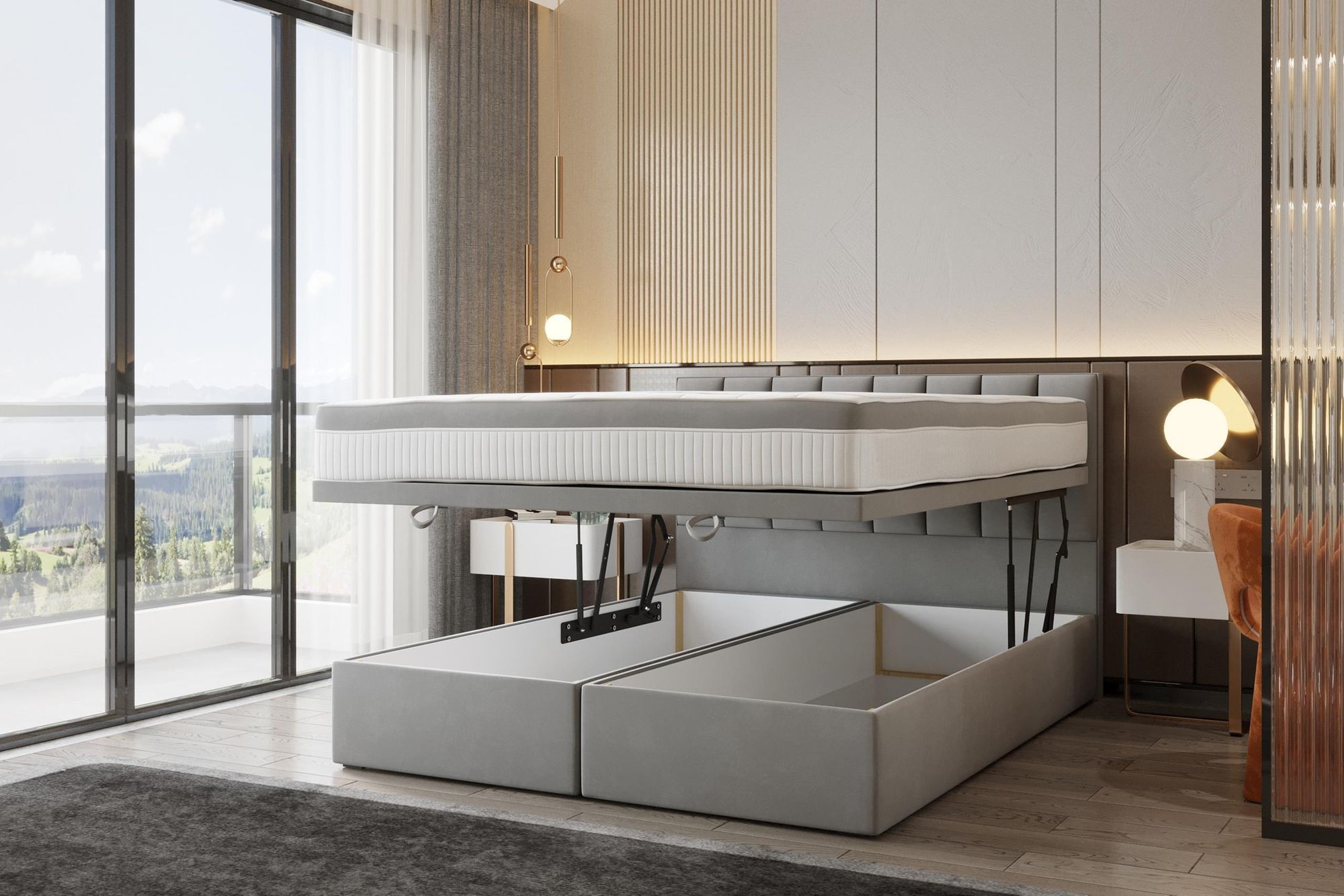 TRADA Bond Boxspringbett 200x200 mit Bettkasten mit Matratze Stauraum Velvet 9-Komfortzonen H3 Grau