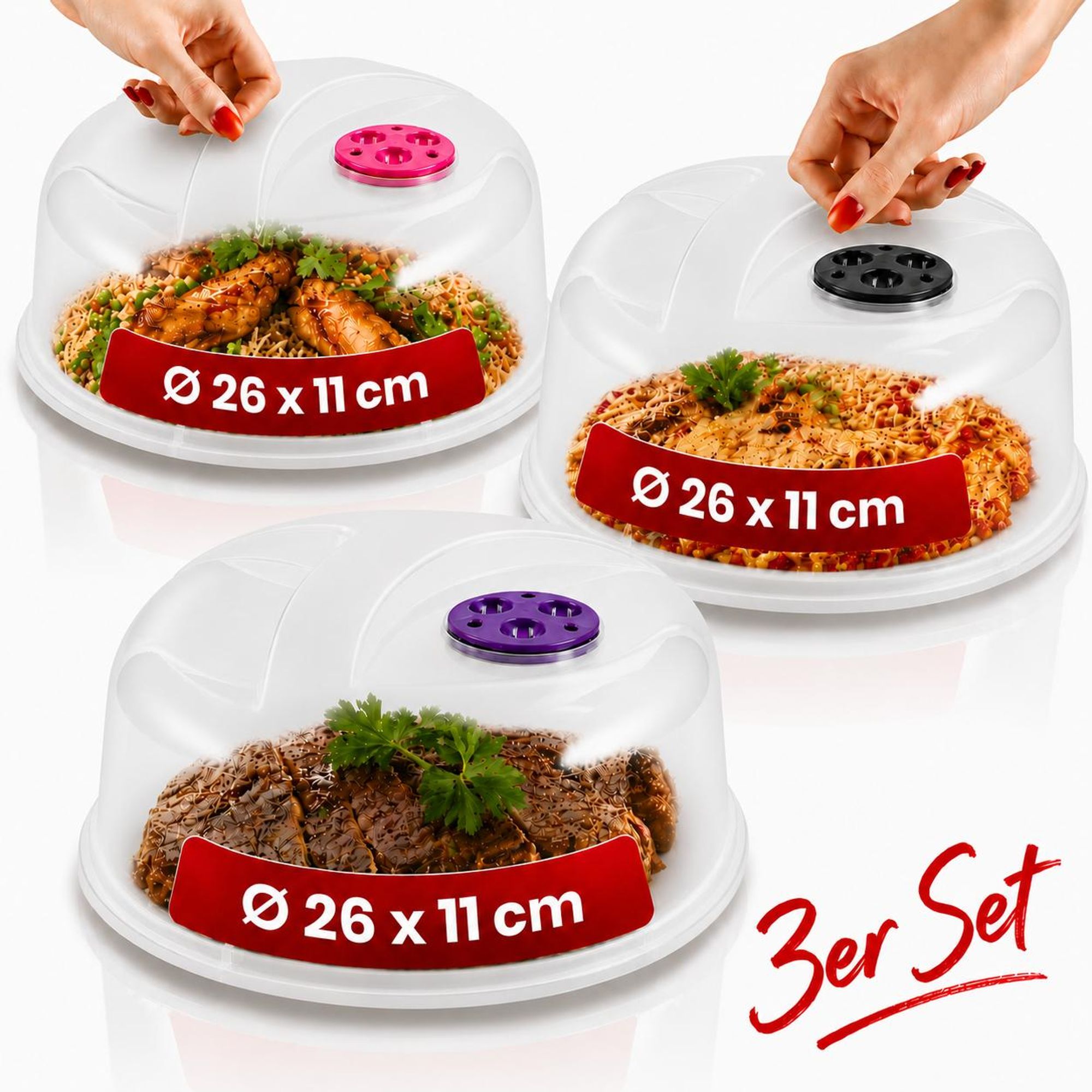 3er Set Mikrowellenhauben Ø 26 x 11 cm – Transparente Mikrowellenabdeckung mit Dampfventil, Spritzschutz & Tellerabdeckung