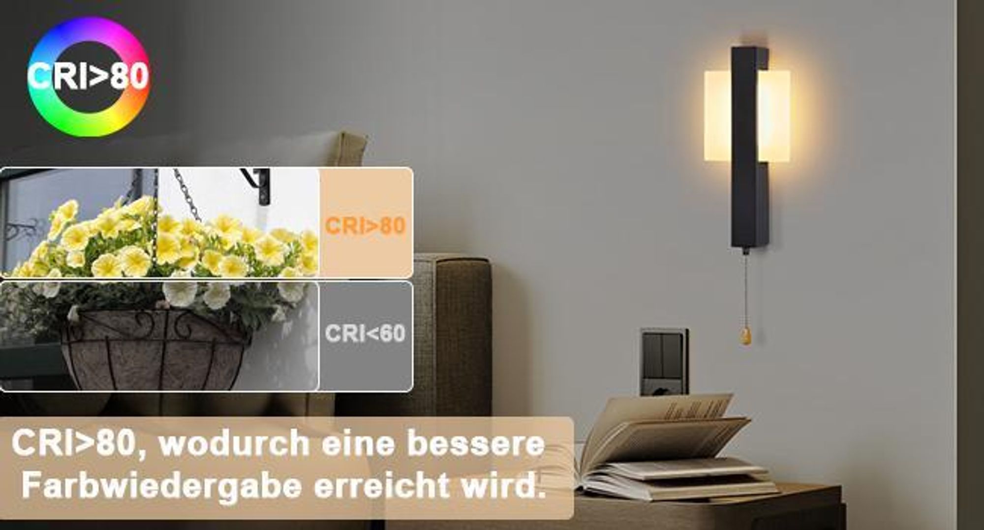 ZMH LED Wandleuchte Innen Wandlampe mit Schalter - Flurlempe Schwarz Modern Design Wandlampen Mit Zugschalter 3000K Warmweiß Quadratisch Wandbeleuchtung Eisen & Acryl 6W Schlafzimmerlampe für Flur