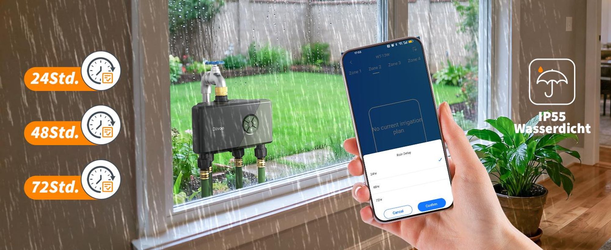 Diivoo Bewässerungscomputer 4 Ausgänge WLAN mit Smart Wasserzeitschaltuhr für Garten Rasen