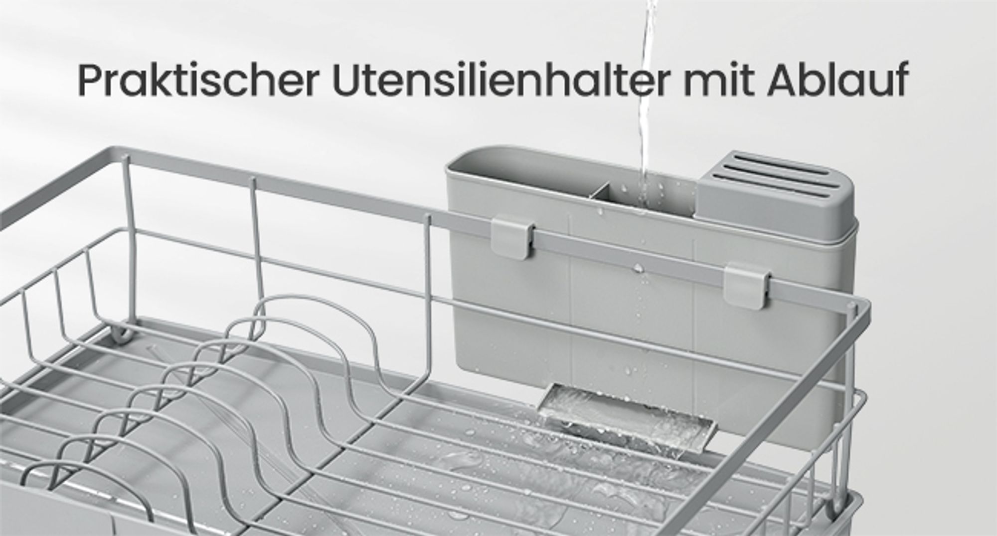 Abtropfgestell Geschirr, Geschirr-Abtropfständer, 360° drehbarer und ausziehbarer Ablauf, Abtropfschale, Besteckhalter, Küche, 31 x 42 x 18,5