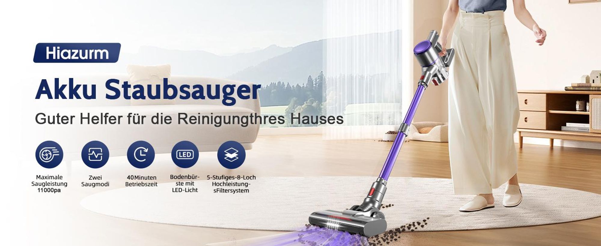 Hiazurm Akku Staubsauger,HEPAx4,Staubsauger kabellos,40 Min,Haushalte mit Haustieren ,kabelloser Staubsauger,Anti-Tangle-Staubsauger