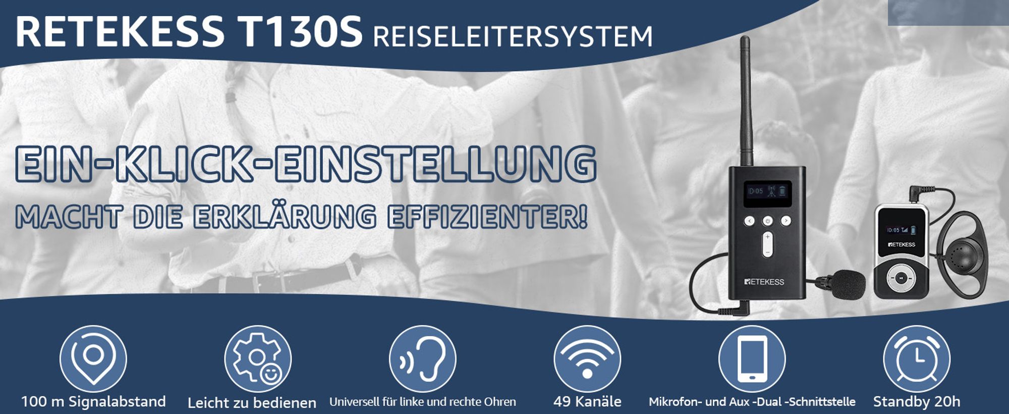 Retekess T130S Drahtloses Touristenführungssystem, 49-Kanal-Audio-Dolmetschersystem, 100M Drahtloses Erklärungssystem für Reisebüros, Fabrik, Konferenz, Hochschule, Schulung