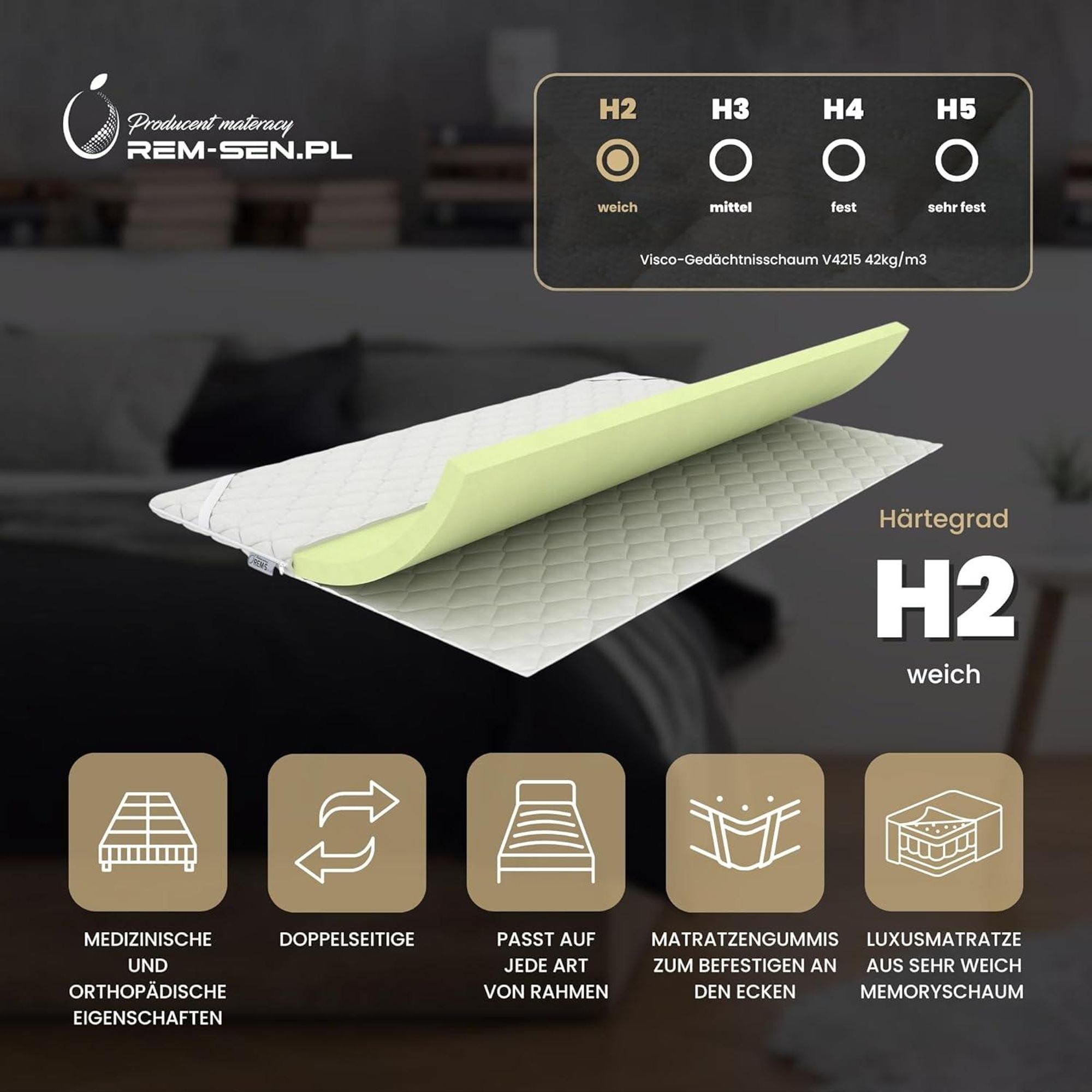 REM-Sen Matratzen Topper Memoryfoam Matratzentopper 110x190 cm Höhe 6cm Härtegrad 2 (H2) Luxusmatratze aus Sehr Weich Memoryschaum, Dreilagige Membranhülle Für Sofa, Bett,