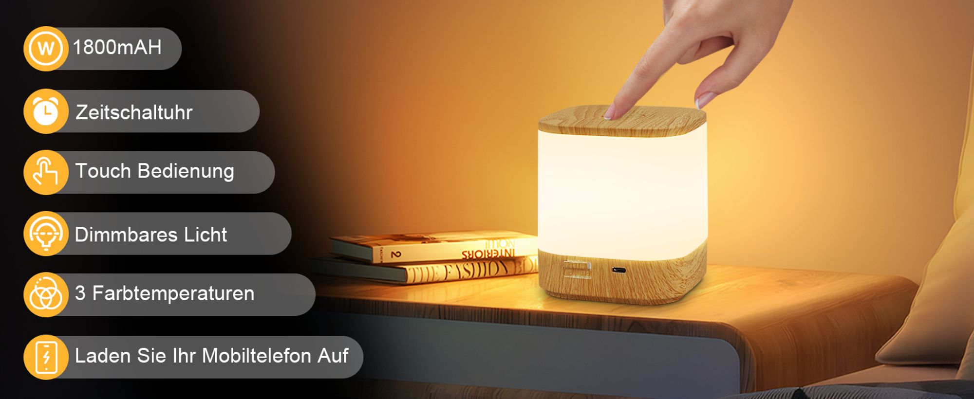 ZMH Nachtlicht Touch Dimmbar LED Akku Tischlampe  Kabellos1800mAH USB Aufladbar Nachttischlampe mit 3 Farbtemperaturen Timing Funktion