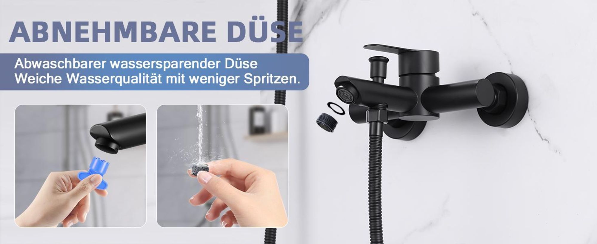ZMH Wannenarmatur Schwarz mit Handbrause Mischbatterie Badewanne mit Brause Aufputz Wasserhahn mit Duschkopf 150mm Wandmontage Armatur 3 Funktionen