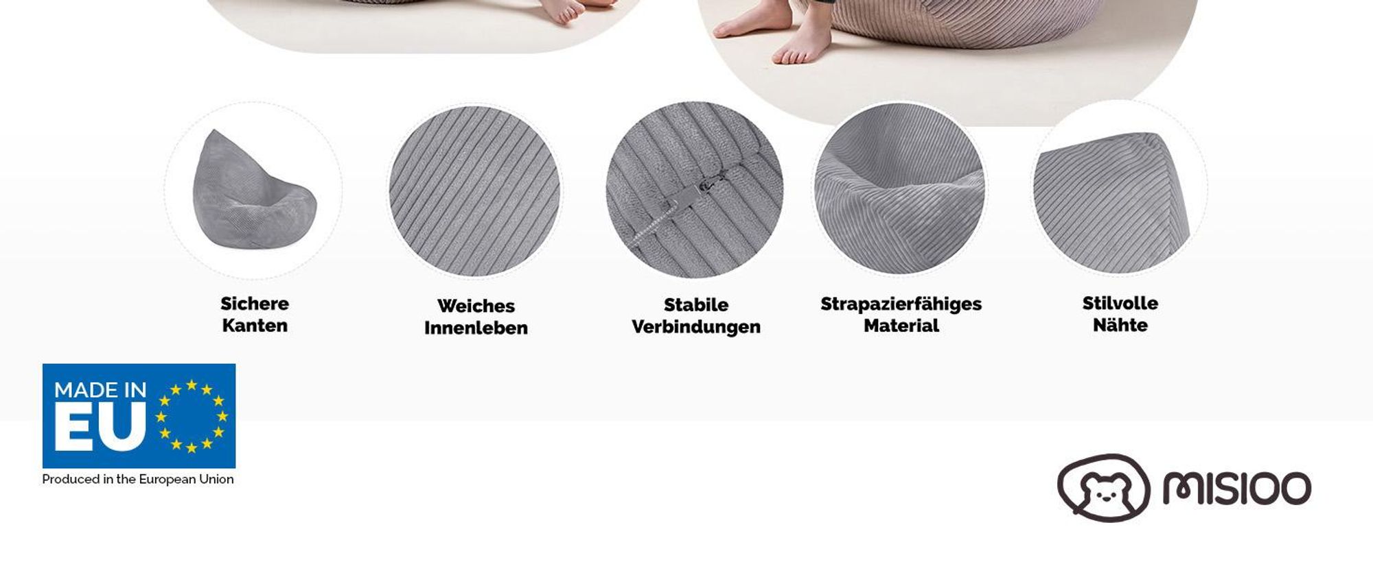 MISIOO Kinder Sitzsack Premium - Ergonomischer - Ab 12 Monaten - Bequeme Sitzsäcke fürs Kinderzimmer - Sitzsack mit Leichter Styroporfüllung