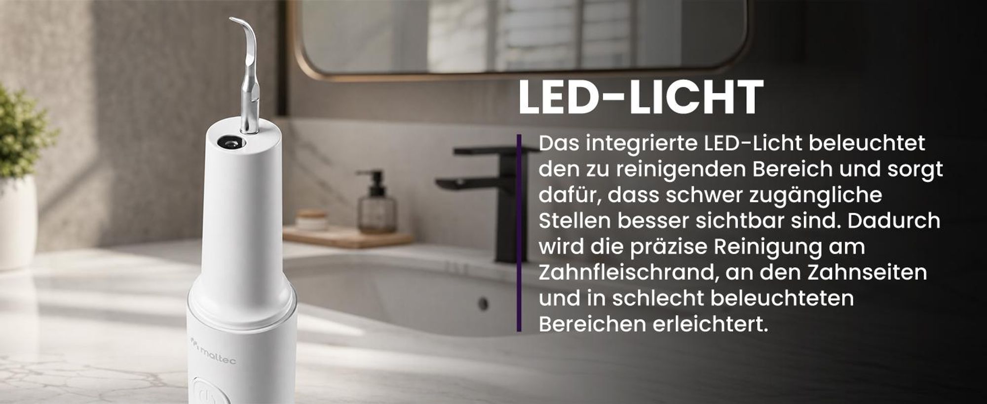 Zahnsteinentferner Ultraschall MalTec Zahnreinigung Set 36.000 Hz, LED-Beleuchtung 4 Modi Akku 1200 mAh Zahnreiniger mit 4 Aufsätzen