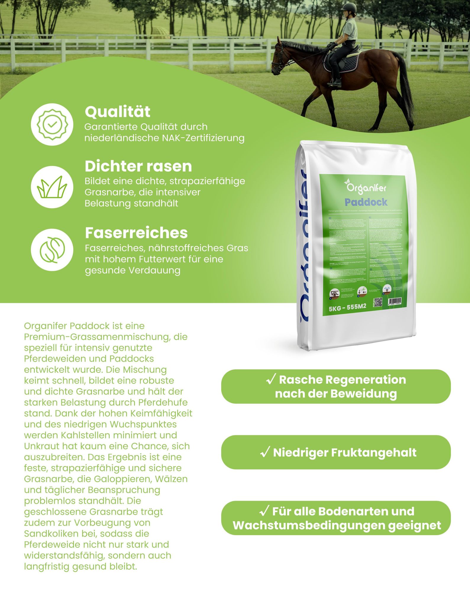 Weidegras Paddock Pferde 15 kg = 1.666 m² Gras für Koppeln & Pferdeweiden – Organifer