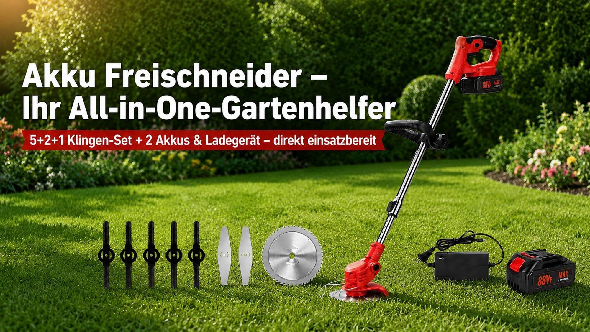 Akku Rasentrimmer mit 2 Akkus & Ladegerät, 3 in 1 Freischneider akku, 18000 U/min, Teleskopstiel 90-120cm, für Garten & Hof