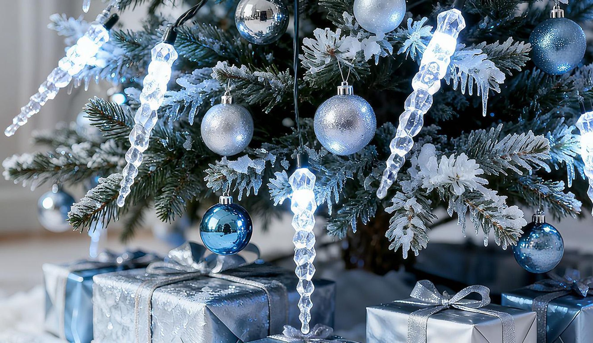 LED Lichterkette Weihnachtsbaum Lichterkette mit Warm+Kaltweiß funkelnden Eiszapfen 11 Modi/ 1,5m 8 Girlanden für 60cm - 150cm Tannenbaum