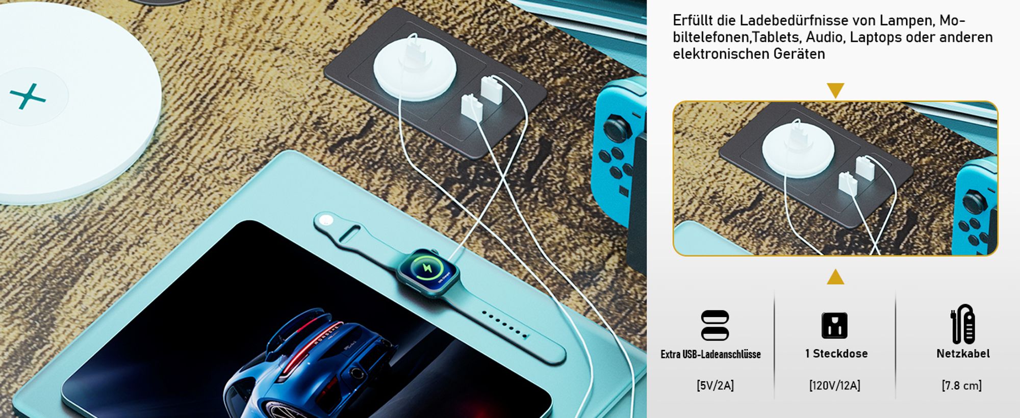 GTPLAYER Eckschreibtisch Schreibtisch Gaming Tisch mit Regal USB-Ladeanschluss und Steckdose (1 Tisch), 120cm Computertisch L Form, PC Tisch für Büro
