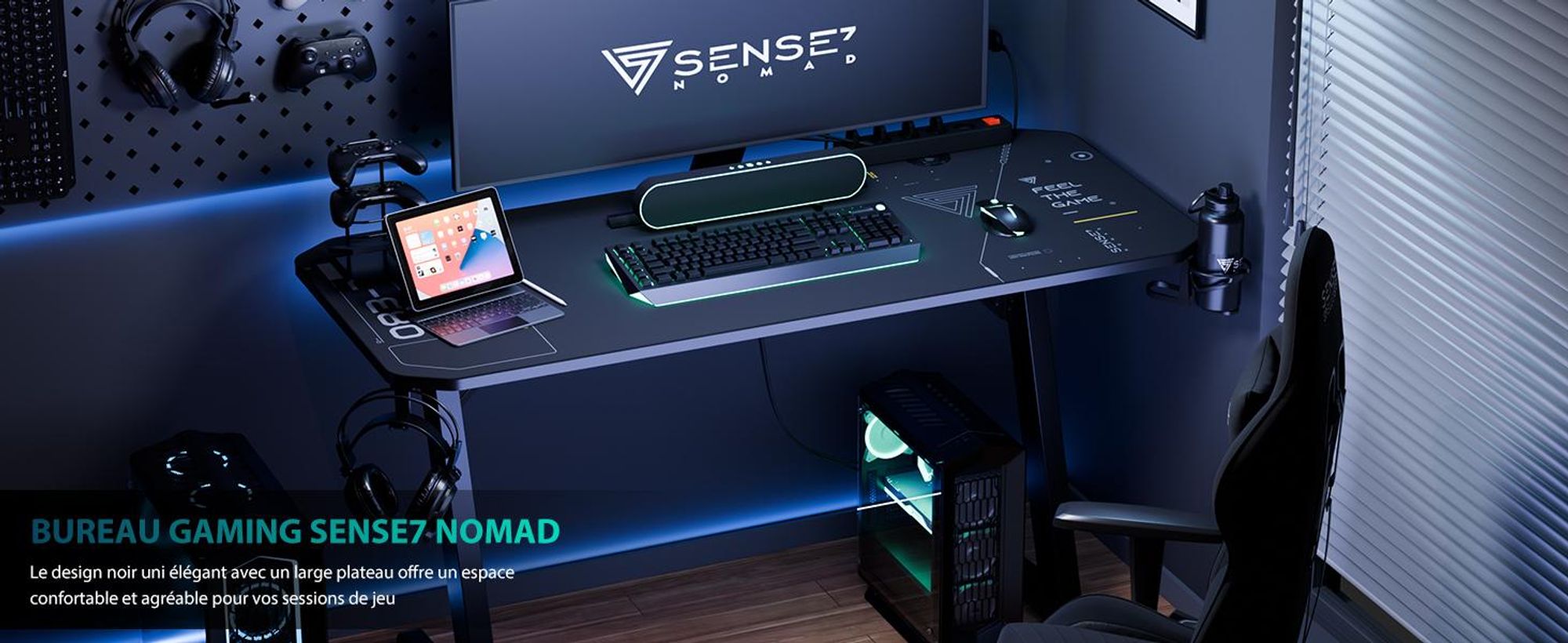 SENSE7 Nomad Table de jeu cybernétique Bureau 100 x 50 cm Tapis de souris XXL Table d'ordinateur Table PC Bureau de gamer Petit bureau Chambre d'ado Configuration PC