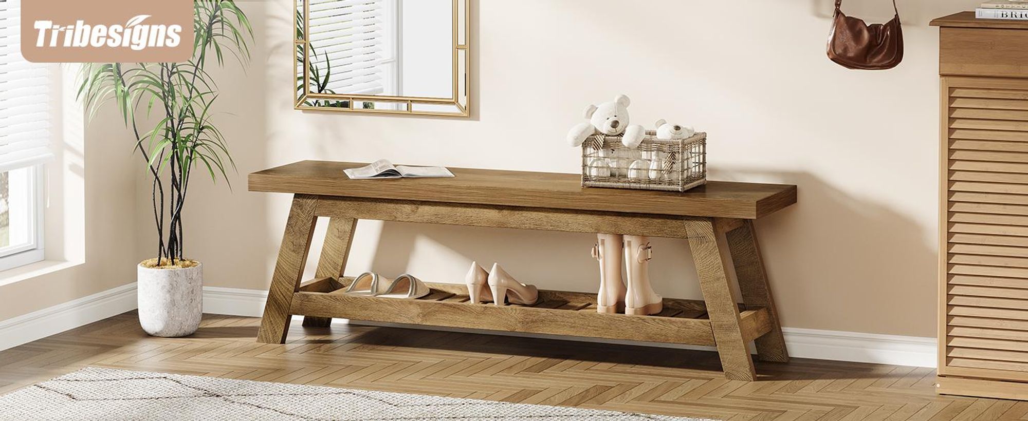 Tribesigns Eingangsbank, aus Holz mit Schuhablage, 2-stufige Sitzbank für den Flur und das Foyer mit offenen RegalenEingangsbereich, 140 x 35 x 45 cm